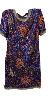 VTG Oleg Cassini Black Tie Hand Sewn Mosiac SILK Sequin Jeweled Dress 10 Disco - Image 1 of 4