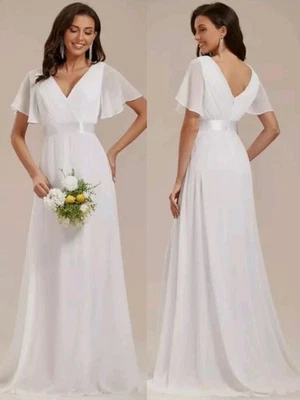 Damen neue Brautkleid bodenlang weiss Chiffon mit Unterkleid - Bild 1 von 4