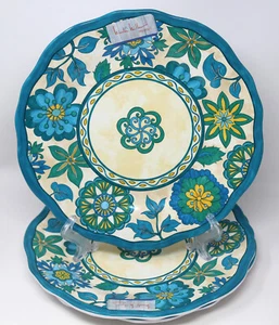 Set of 3 Nicole Miller Melamine Dinner Plates Turquoise Blue Yellow Floral 10.5" - Picture 1 of 5