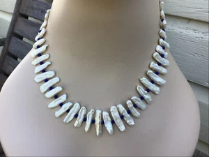 Superb KESHI BIWA STICK PEARL Collier NECKLACE 14k Gold Clasp Lapis Lazuli - Picture 1 of 9