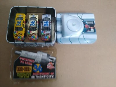 Engine Tin Can With 3 NASCAR 1/64 Pontiac Grand Prix #36 Ernie Irvan m&m-s - Image 1 of 4