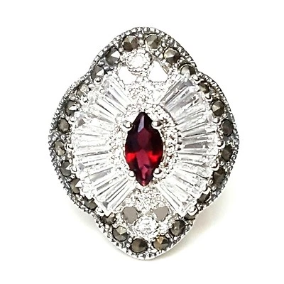 (TALLA 6,7,8) ANILLO DE CÓCTEL MARQUESA PIEDRA GRANATE MARCASITA .925 PLATA ESTERLINA - Imagen 1 de 3