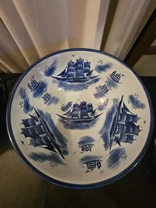 Nantucket Distributing Co.Blue/White 16" Bowl-3-Masted Schooner Ships 16.8 Lbs - Picture 1 of 16