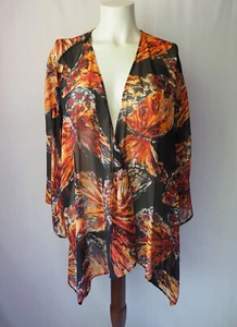 Chico's Silk Chiffon Sheer Open Front Kimono Top Butterfly Black Orange Size 3 - Picture 1 of 5
