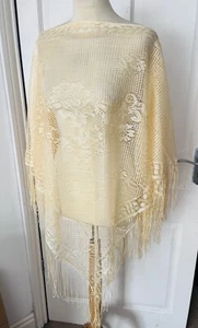 Sheer Mesh Poncho Shawl With Fringe. Net Fabric. Floral Design. One Size. Yellow - Picture 1 of 7