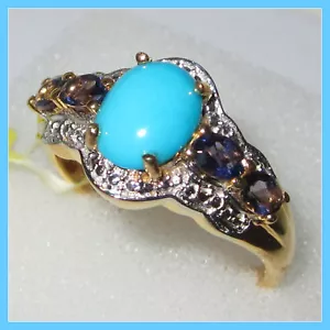 Sleeping Beauty Turquoise Catalina Iolite Ring 14K YG Sterling Silver 925 sz 7 - Picture 1 of 6