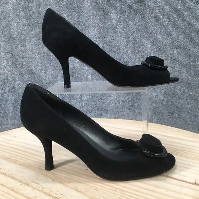 Stuart Weitzman 凉鞋女式 7.5 米懒人高跟鞋黑色麂皮绒高跟鞋蝴蝶结露趾 — 第 1/4 张图片