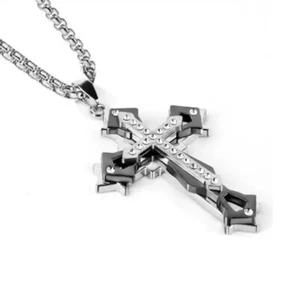 Fashion Cross Necklace Women Men Stainless Steel/Black Christian - Picture 1 of 1
