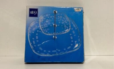 Mikasa Clear Glass Two Tier Serving Tray Etched Polka Dot Square Design - Image 1 of 4