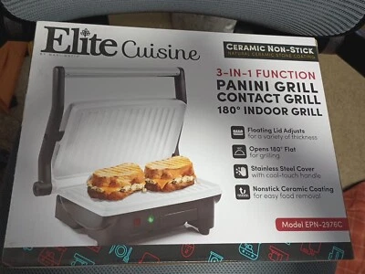 Parrilla de contacto Elite Cuisine 3 en 1 función Panini 180 grados interior... Foto 1 de 4