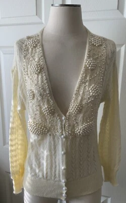 Vintage M/L Lacy Ivory Cardigan Sweater W Beaded Pearls & Long Sleeves - Image 1 of 4