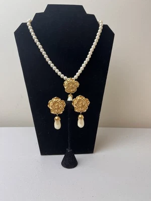 Avon 1994 Summer Set Gold Tone Rose Faux Pearl Drop Necklace & Clip Earring Set - Image 1 of 3