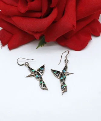 Sterling Silver Opal & Onyx Hummingbird Pierced  Earrings 7.16g Cat RESCUE - Image 1 of 2