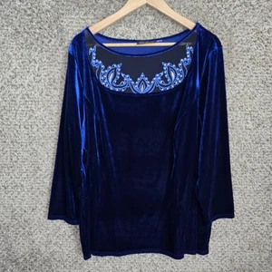 Bob Mackie Top Womens Plus 3X Blue Velvet Wearable Art Blouse Stretch Ladies - Picture 1 of 7