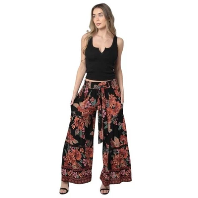 Angie M Floral Palazzo Pants Multicolor Boho Hippie Hobo Eyelet Lace Inserts - Image 1 of 4