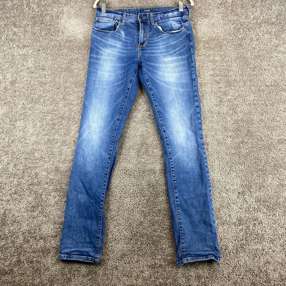 Pantalones de mezclilla rectos ajustados Aero para mujer 29/32 azul tiro bajo 5 bolsillos bigote lavado medio Foto 1 de 4