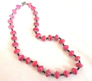 Bead Necklace Rose Mix Recycled Paper Bead  Black Accent  Toggle Clasp 20" Long - Picture 1 of 3