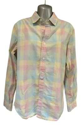 Camisa de algodón manga larga a cuadros pastel colores vintage de Benetton, talla M Foto 1 de 4