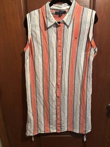 Tommy Hilfiger 14 Orange White Blue Stripe Linen Blend Sleeveless Shift Dress - Picture 1 of 5