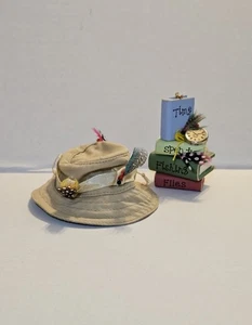2 Fly Fishing Christmas Ornaments ~ Fishing Hat with Flies & Stack of Books - Picture 1 of 9