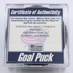NHL Goal Scored Puck Boone Jenner Columbus Blue Jackets Sept 28, 2018 vs. PITT - Picture 1 of 3