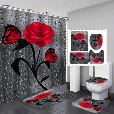 3D Digital  Rose Shower Curtain Toilet Lid Cover Bathroom Mat  Home Hotel Decor