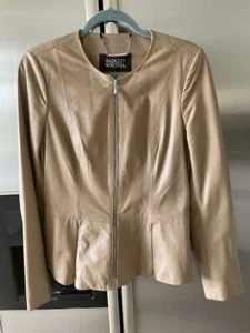 Badgley Mischka Womens Genuine Leather Peplum Jacket Beige Full Zip Small NWT - Picture 1 of 6