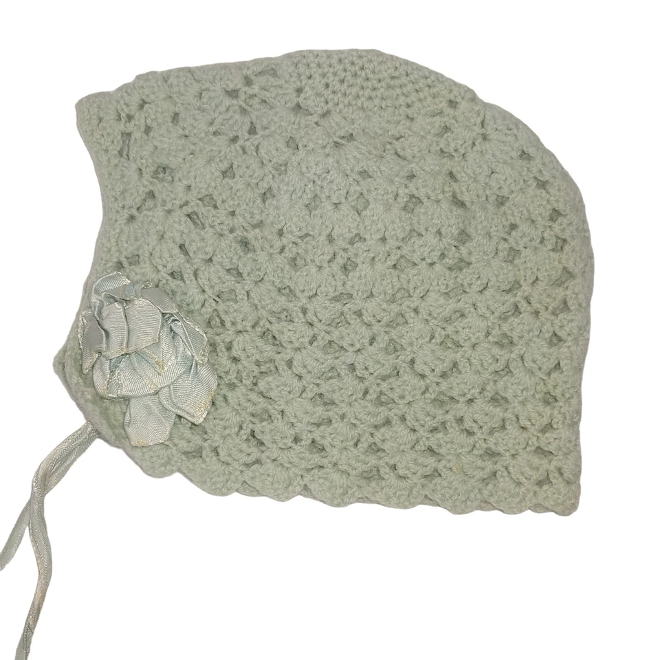 Handknit Baby Hat Blue Satin Ribbon Bows Tie Newborn Small Scalloped Antique - Image 1 of 4