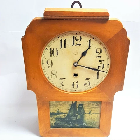 Junghans Nautical Sailing Mantel Shelf Wall Clock Blue Painted Tin Antique VTG Cover