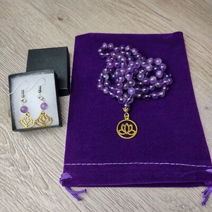Amethsyt Gemstone 108 Beads Necklace Lotus Charm with Matching Earring Set - Picture 1 of 6