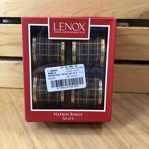 LENOX Set 4 Holiday Nouveau CHRISTMAS Design NAPKIN RINGS Plaid Gold Green NEW