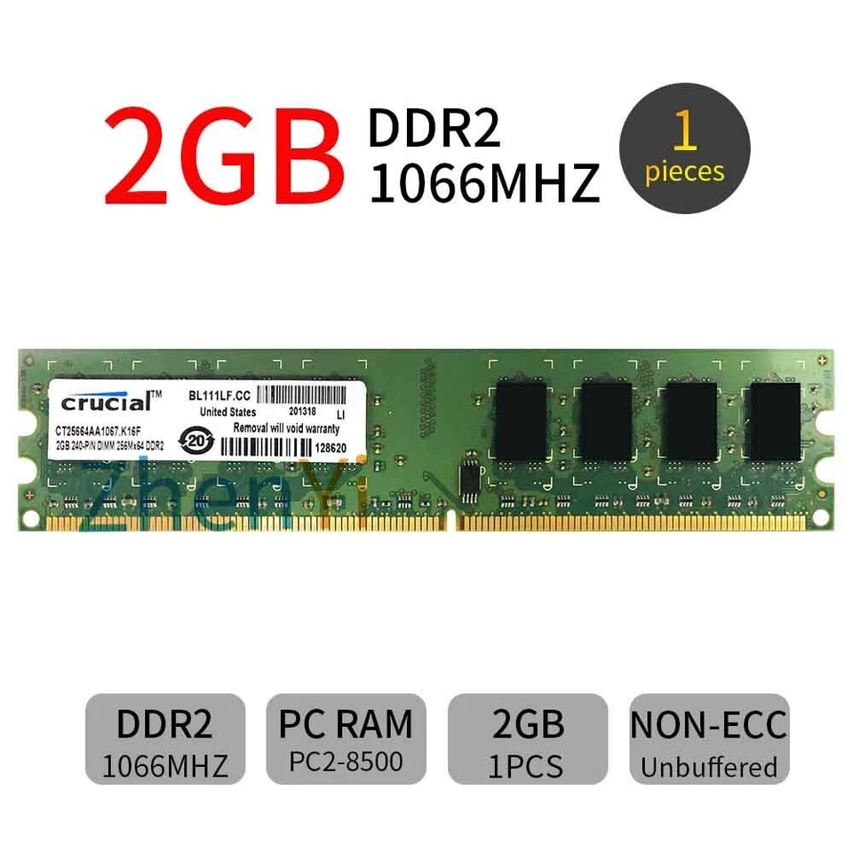 2GB DDR2 1066MHz PC2-8500U OverClock Gaming Memory DIMM Desktop RAM For Crucial - Image 1 of 4