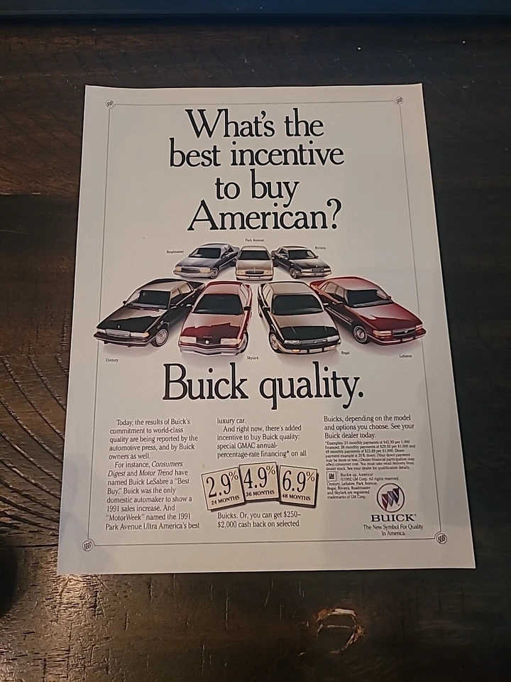 PRINT AD 1992 Buick Quality Best Incentive To Buy American Park Avenue Skylark - Image 1 of 1
