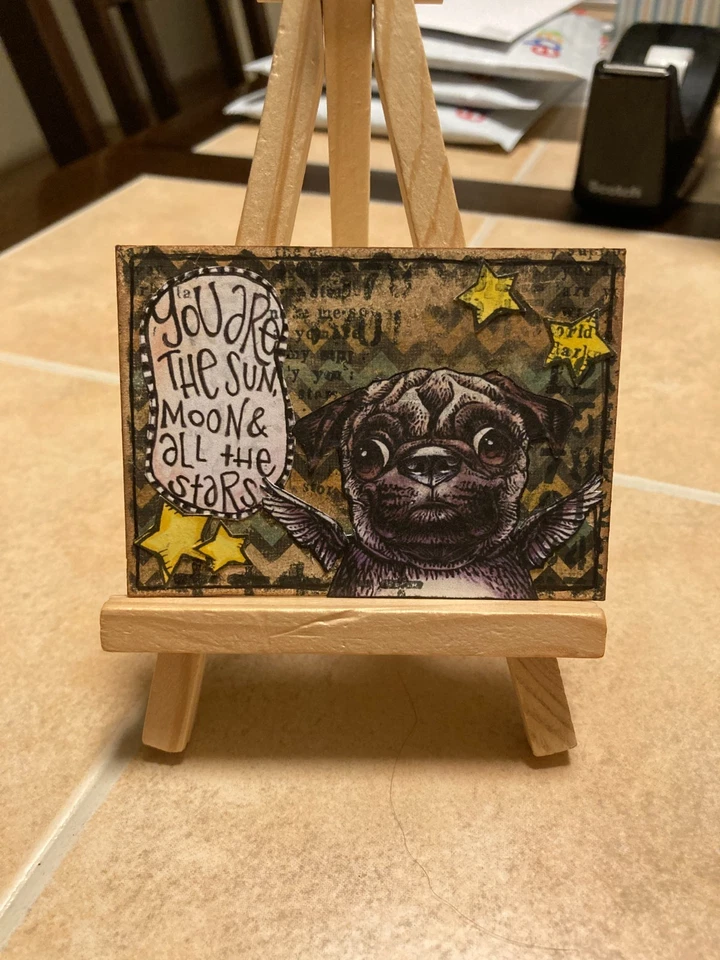 ACEO Original Arte Pintura Miniatura Tarjeta Mini ATC Animal Pug Perro Foto 1 de 1