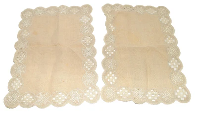 2 Vintage Ecru Linen Embroidered Floral Cutwork Scalloped Table Runners 12x16 - Image 1 of 4