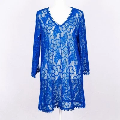 Vestido Azul Real Punto Abierto Crochet Encaje Encubrimiento TALLA MEDIANA Floral Festival Hada Foto 1 de 4