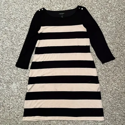 White House Black Market S Knit Dress Black Cream Stripes - Image 1 of 3