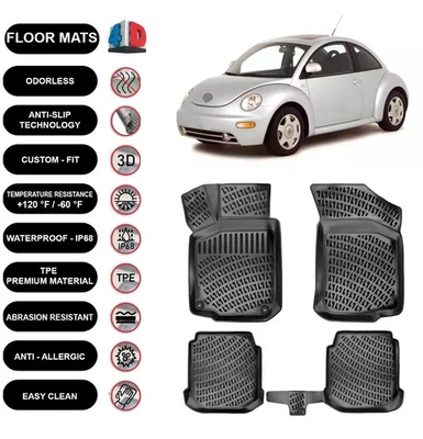 Forro de tapetes de assoalho para Volkswagen New Beetle (1998-2010) moldado em 4D preto 4 peças - Imagem 1 de 4