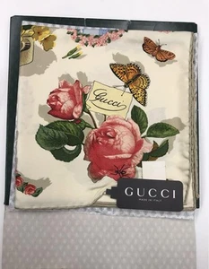 Gucci Vintage Floral Butterfly Bee Insect Scarf 33.9 x 33.1 in Designer - Picture 1 of 10