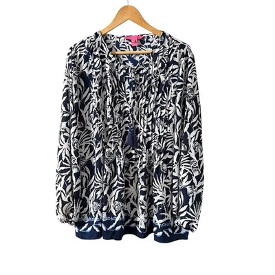 Lilly Pulitzer Sz XL Marilina Tunic Top Blue White Long Sleeve Floral - Image 1 of 4