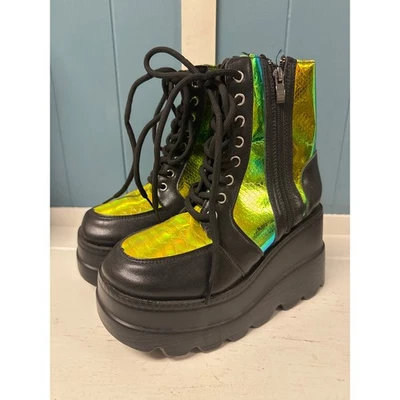 厚底靴 踝战斗 黑色 全息 Rave Goth Grunge Festival 6 — 第 1/4 张图片