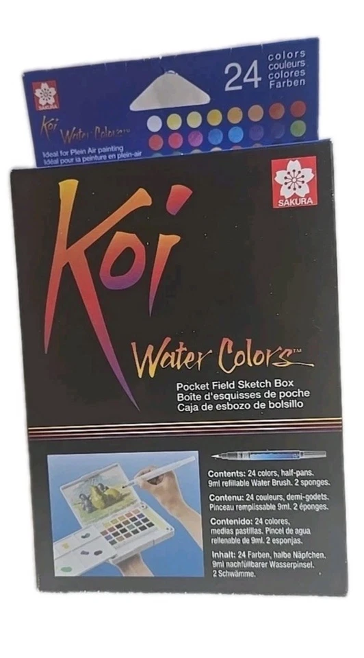 Caja de bocetos de campo de bolsillo Sakura Koi acuarelas 24 colores medias sartenes, cepillos NUEVO Foto 1 de 1