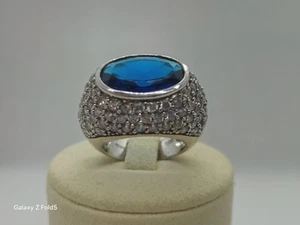 Vintage TJC Blue Topaz and Rhinestone Sterling Silver 925 Ring, Sz N UK/7 US - Picture 1 of 9