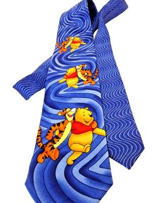 100% Silk Tie Winnie Pooh &Tigger Wide Official Disney Fun Blue Abstract Casual - Image 1 of 4