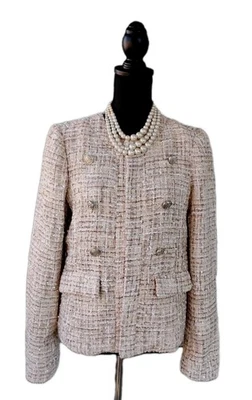 Куртка Elie Tahari размер 6 бежевая коричневая золотистая белая с бисером букл вязаная с открытой передней частью S - Изображение 1 из 4