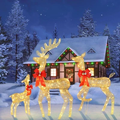 OUTVITA Set of 3 Pre lit Reindeer Deer Family LED Lights Outdoor Garden Xmas Decoration