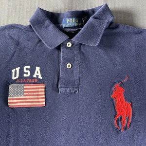 Polo Ralph Lauren Poloshirt Herren Large dunkelblau Custom Fit USA Flagge großes Pony - Bild 1 von 8