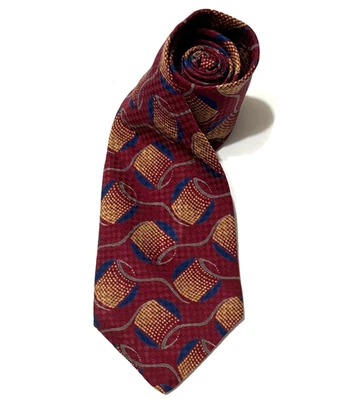 Oleg Cassini Neck Tie Red Bkgrd Gold Blue Gray Silk From Italy Abstract Spools - Image 1 of 4