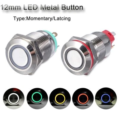 Green Yellow White ON/OFF Push LED 12mm Momentary/Latching Metal Button Switch - Image 1 of 4