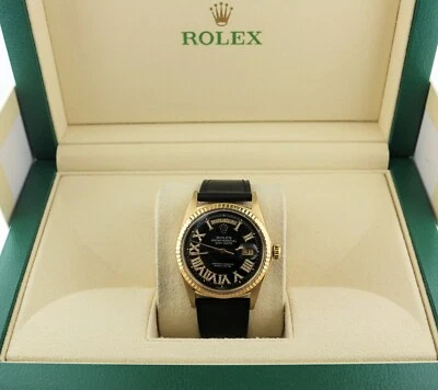 Rolex Day-Date 1803 esfera de diamantes romanos negros correa de cuero negro de 18 quilates 36 mm Foto 1 de 4